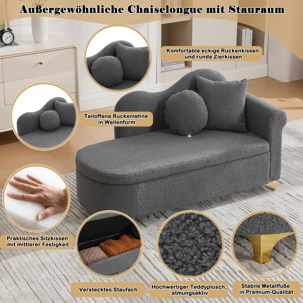Chaise longue con vano contenitore e cuscini, tessuto effetto lana d'agnello Grigio Antico 134 × 64 × 70 cm