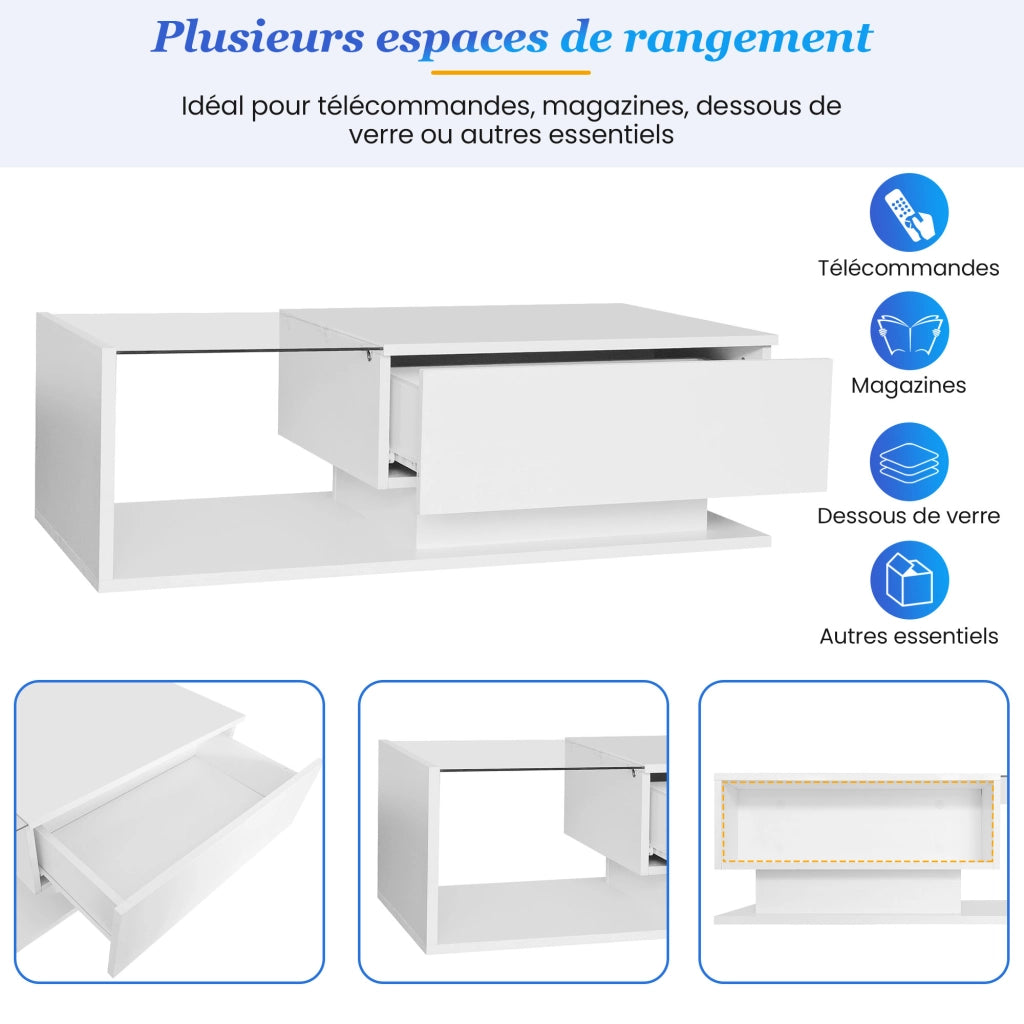 OKWISH Tavolino da Salotto Rettangolare con 1 Cassetto, LED e Piano in Vetro, per Soggiorno, Bianco, 100×50×32 cm