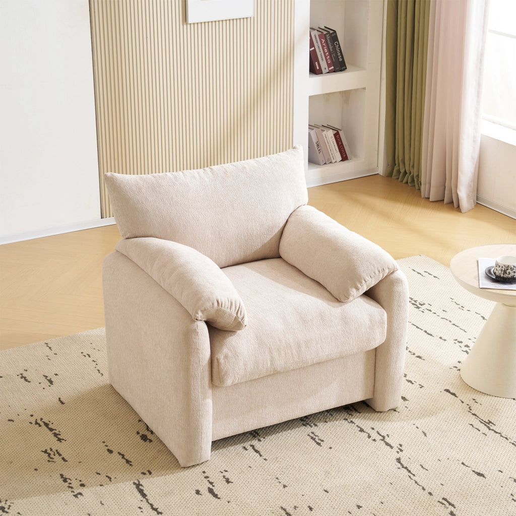 Poltrona Ampia 1 Posto con Cuscini Braccioli Comfort; Seduta Ergonomica; Struttura Legno E Metallo in Ciniglia Beige