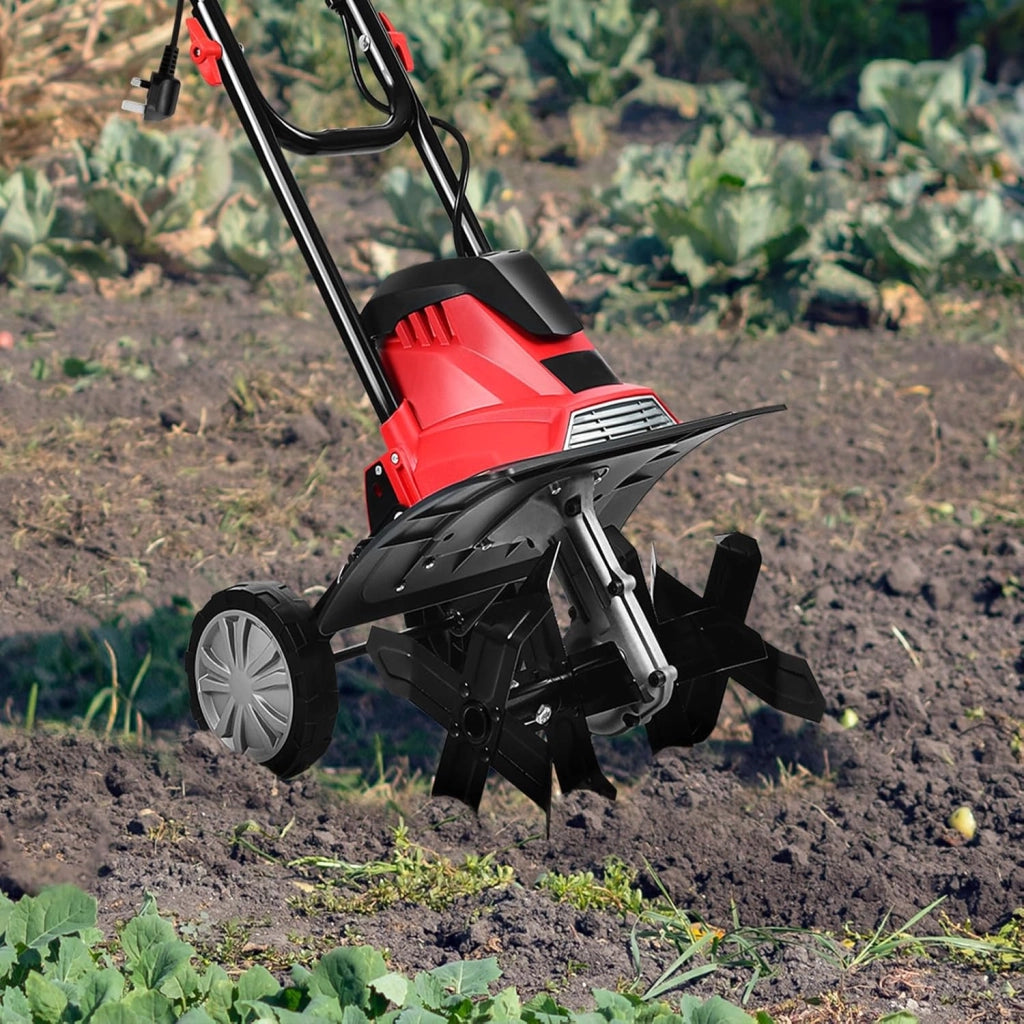 Motozappa Elettrica Pieghevole 1200W, Larghezza di Lavoro 36 cm Profondità di Lavoro 22 cm, 4 Lame, Zappatrice Elettrica per Orto e Giardino (Rosso, 36 x 40 cm, con Ruote)