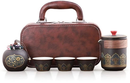 Set di teiera e tazze da viaggio, servizio da tè portatile, tè in porcellana, 1 teiera (250 ml) + 3 tazze da tè (46 ml) + 1 teiera (180 ml), set di teiera, regalo per ufficio