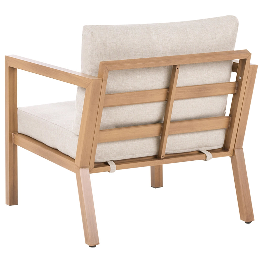 Set da giardino a 5 posti con struttura in metallo rivestimento in finto legno con tavolo e cuscini in tessuto marrone chiaro stile moderno