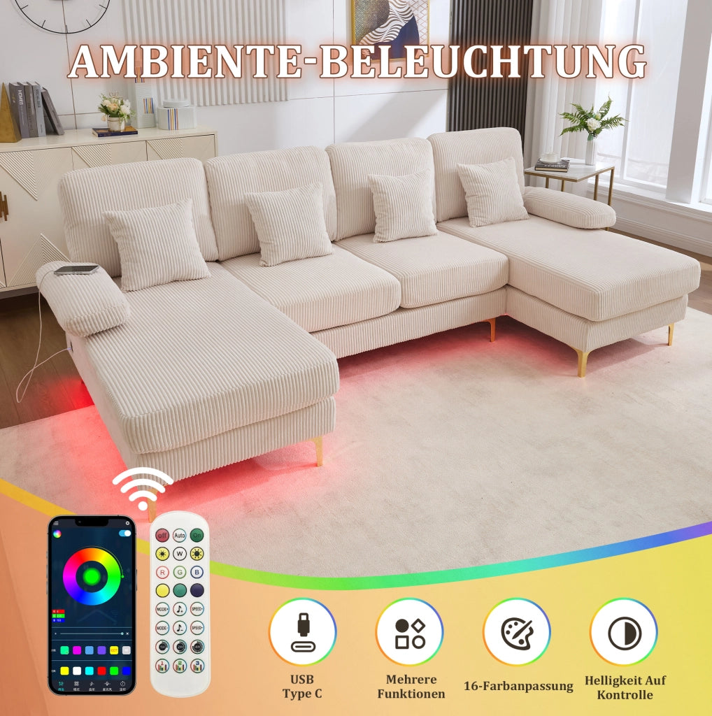 Divano a U in velluto beige con LED; porta USB e struttura in legno massiccio 265 cm