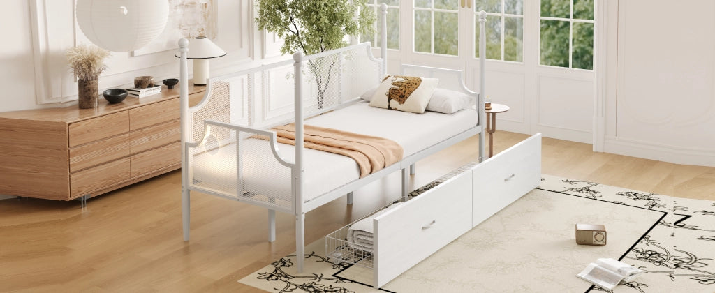 Divano letto in ferro con schienale vintage e 2 cassetti, 90x200 cm, bianco