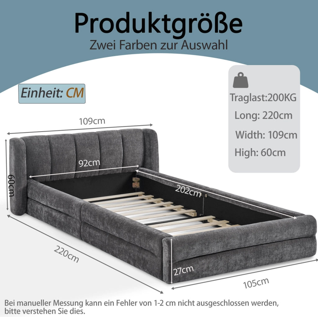 Letto singolo 90x200 cm in tessuto Chenille; testiera ergonomica; grigio scuro