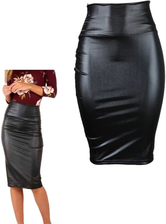 Rok Midi Alta Cintura - Rok Bodycon con Cintura Elastica - Material Kunstleer - Nero - Comodo per il Lavoro