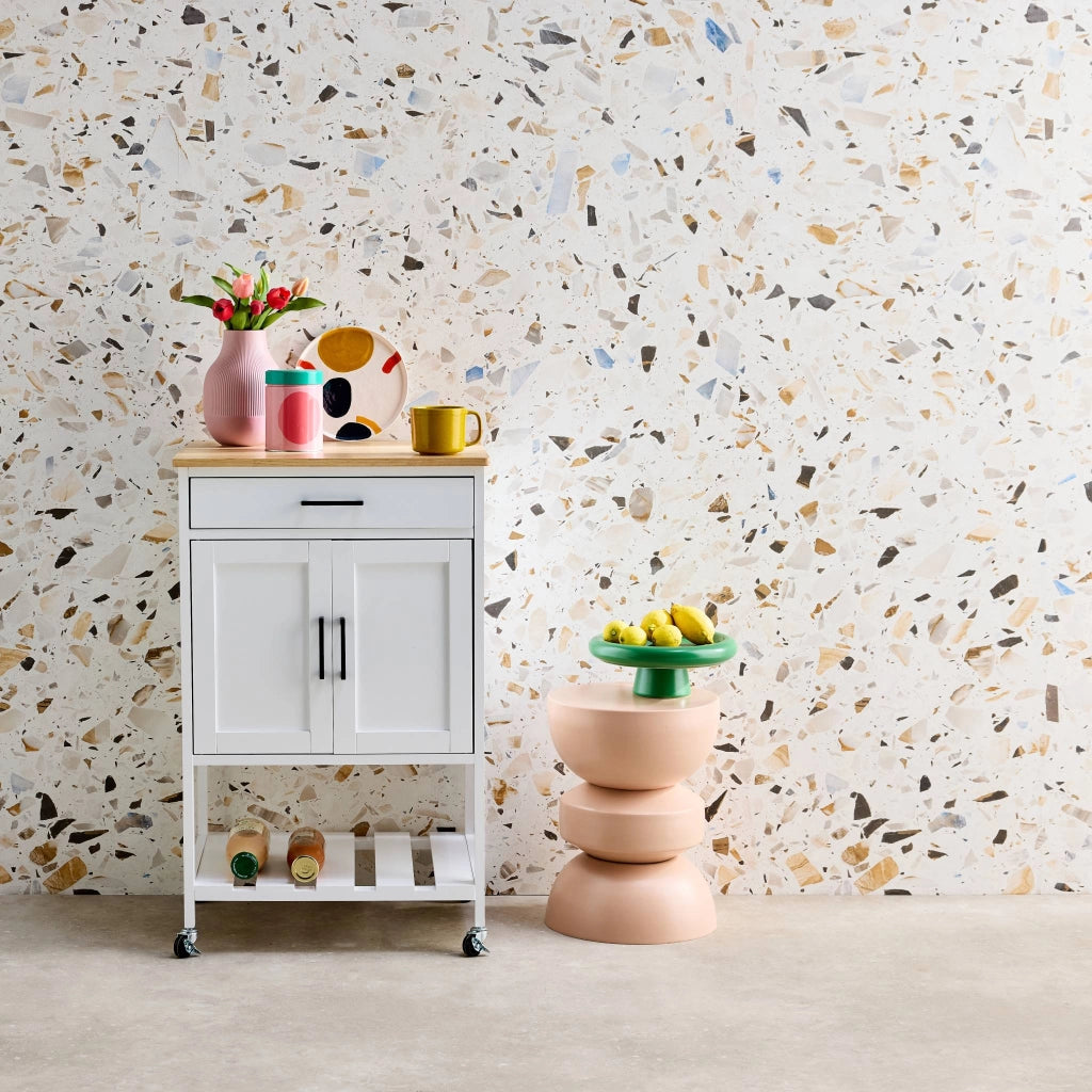 Carrello da cucina in legno di gomma con 2 ripiani, 56cm , bianco