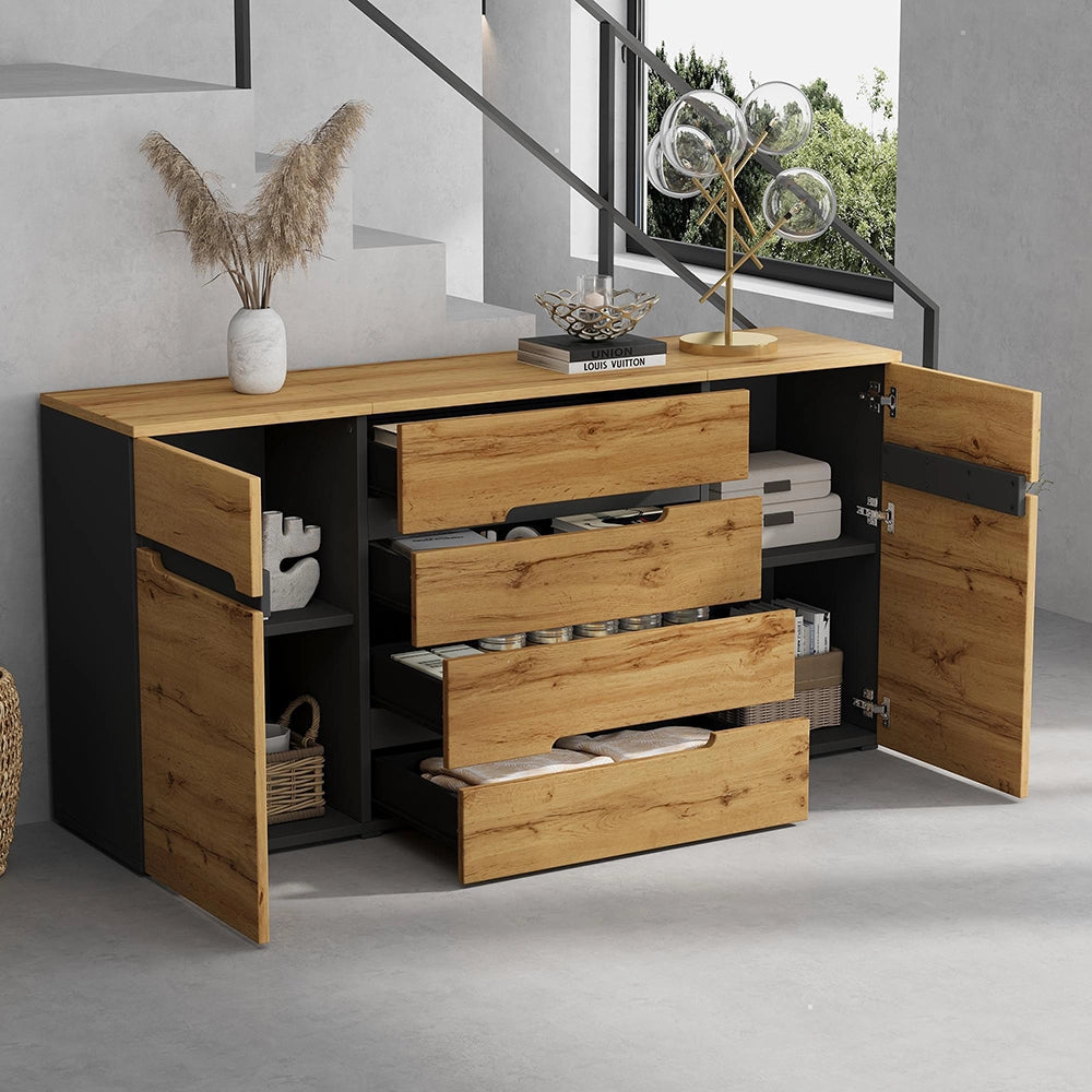 Credenza Soggiorno 160x40x80cm - Xylo - 2 Ante e 4 Cassetti, Colore Legno e Nero