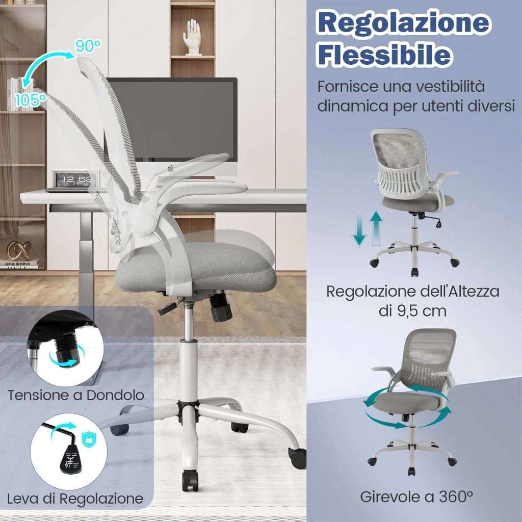 Sedia da Ufficio, Poltrona Ergonomica in Rete Traspirante con Braccioli Reclinabili, Poltrona da Scrivania Girevole Regolabile in Altezza con Ruote