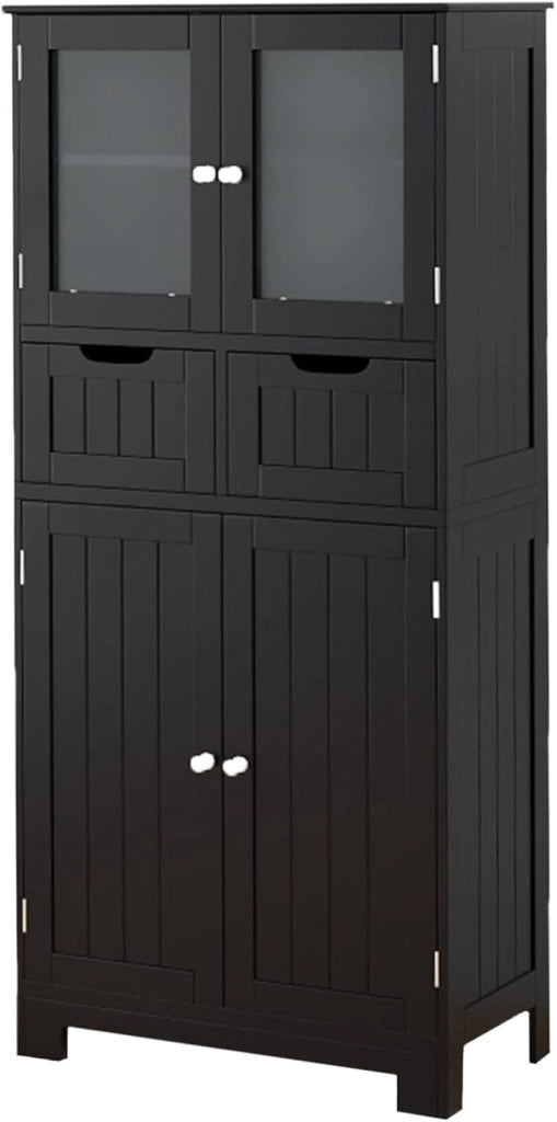 Armadio da Terra con 4 Ante, Mobile da Bagno con 2 Ante in Vetro 2 Cassetti e Ripiani Regolabili, Armadio Multifunzionale per Bagno e Soggiorno (Bianco, 60x30x128cm)