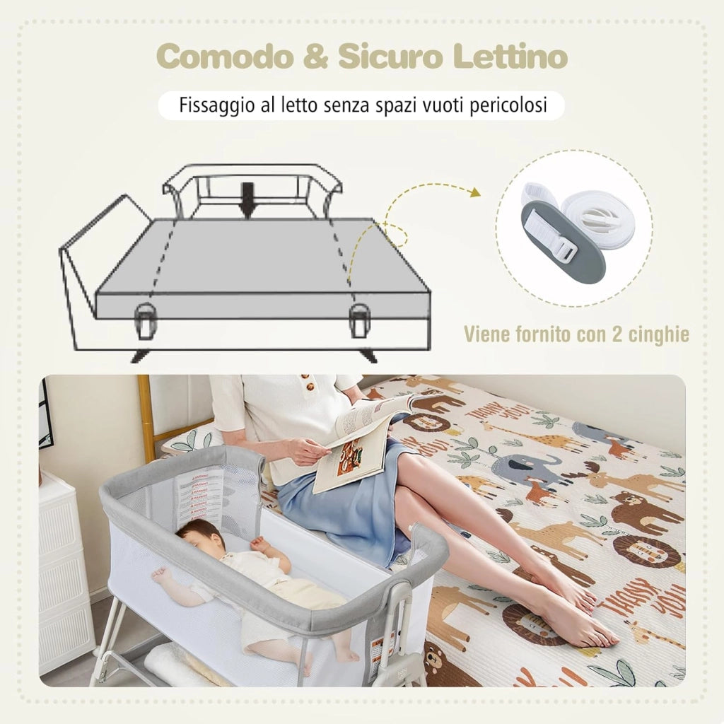 Lettino per Neonati, Culla Portatile Pieghevole con Ripiano Portaoggetti, 7 Altezze Regolabili, Materasso e Borsa per Trasporto (Grigio)