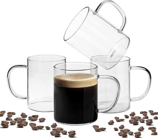 Set di 4 Tazze da Caffè in Vetro Cristallo 400ml con Maniglia Grande - Tazza in Vetro di Borosilicato per Tè, Latte, Bevande Calde e Freddi - Tazza da Vino da Natale per Cappuccino