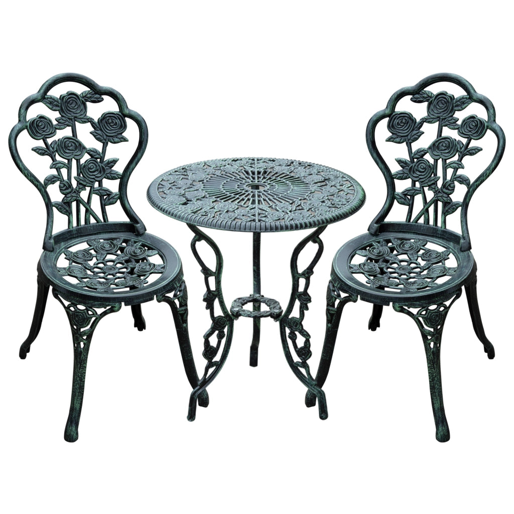 Set bistrot da 3 pezzi per esterno in stile anticato, verde, in alluminio pressofuso