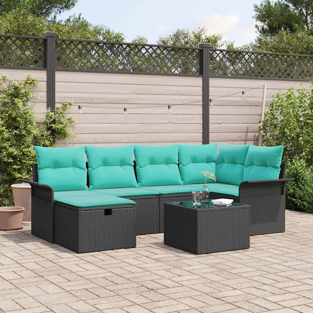 Set Divano da Giardino con cuscino 7 pcs Nero Poly Rattan