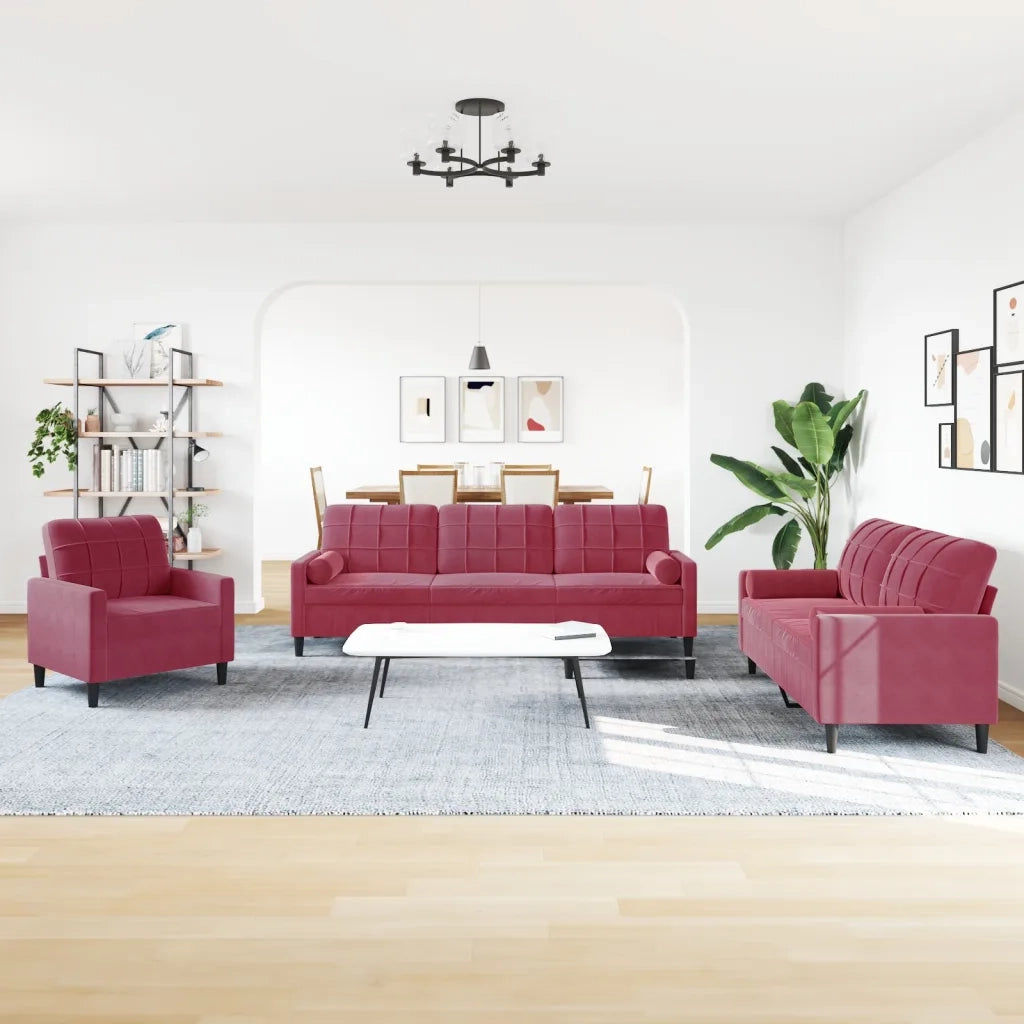 Set di Divani 3 pz con Cuscini e Rinforzi Rosso Vino in Velluto 3278455