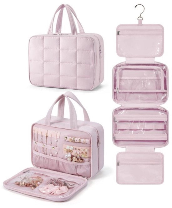 Bagno con organizzatore per gioielli, bagno appeso, borsa cosmetica morbida, valigetta, 28*12*20CM, rosa.