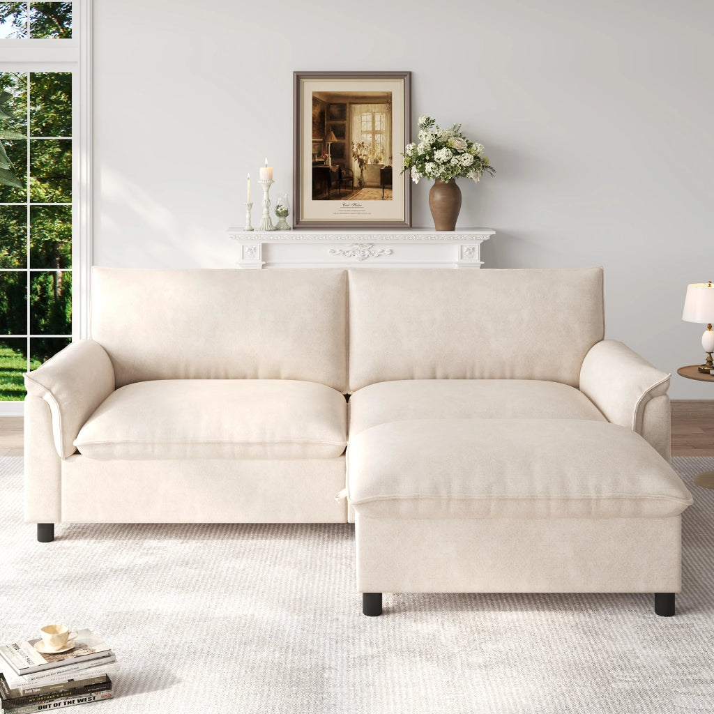 Divano modulare a sezione tipo cloud in Chenille beige con pouf mobile e contenitore