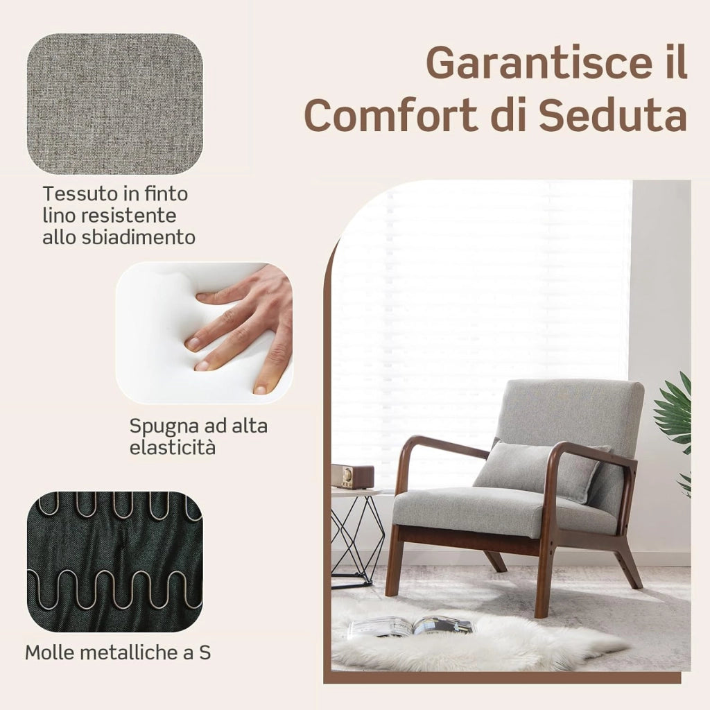 Poltrona da Salotto, Sedia da Soggiorno con Cuscino Lombare, Poltrona Moderna Imbottita, Telaio in Legno di Gomma, per Soggiorno, Camera da Letto, Portata 150 kg (Grigio)