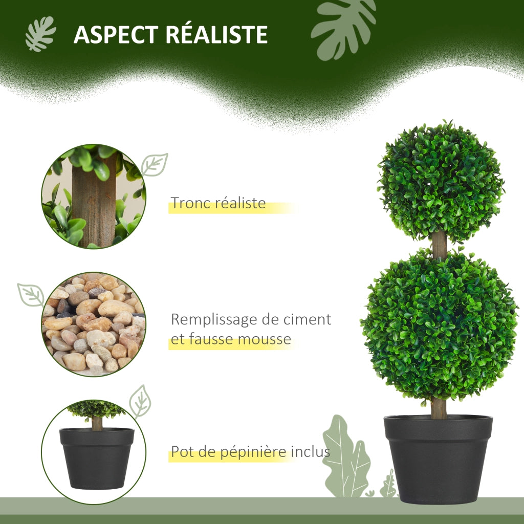 Set da 2 Bosso Artificiale a Doppia Sfera con Tronco e Vaso, Piante Finte Altezza 60 cm, Verde per Interno ed Esterno