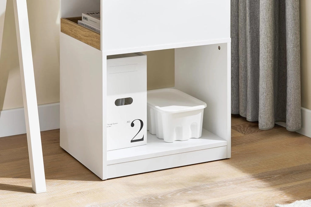 Cassettiera Scrivania con Ruote Cassettiera Ufficio con Scomparto Aperto e Cassetto Rimovibile Mobile Ufficio Porta Stampante Salvaspazio Bianco e Naturale 40x50x65cm ASK08-WN