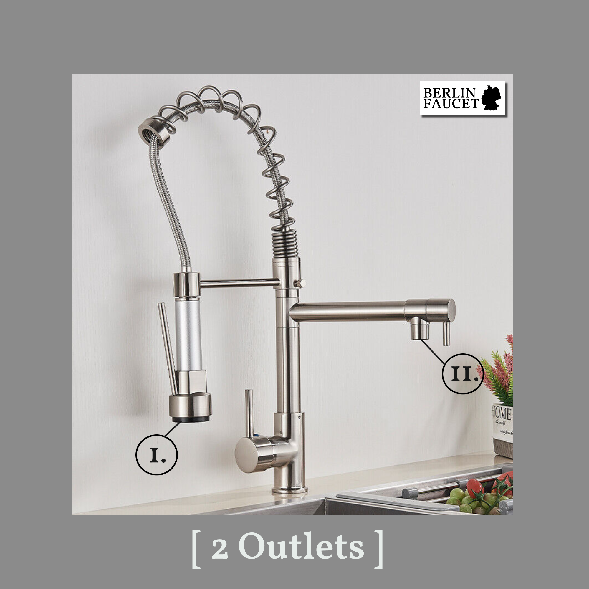 Bjorn | Rubinetto da parete gastronomia oro lucido Rubinetto cucina professionale in acciaio inox con due doccette|doppio lavello da parete ristorante