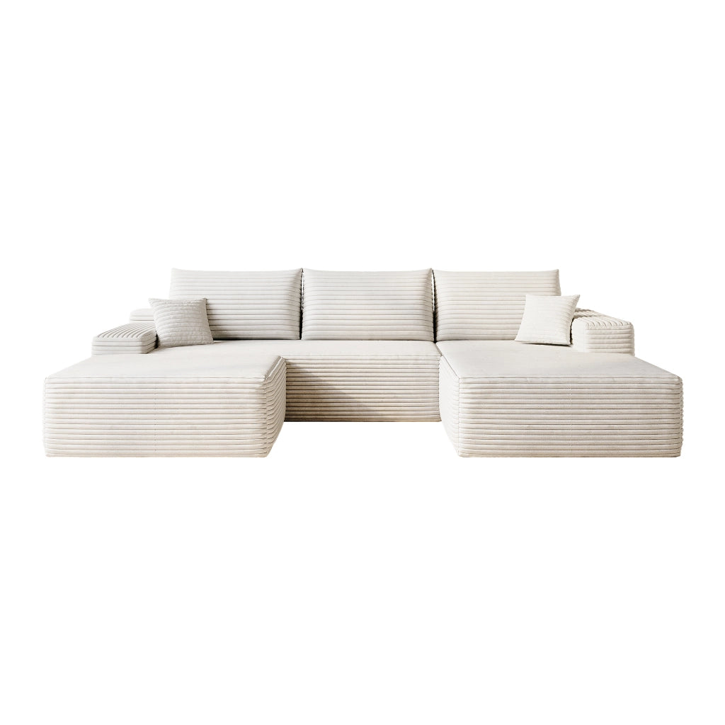Divano angolare modulare con chaise longue e seduta profonda in tessuto beige