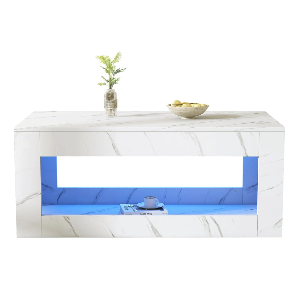 TAVOLO DA CAFFÈ LED 100x50x50 cm Bianco Effetto Marmo Lucido