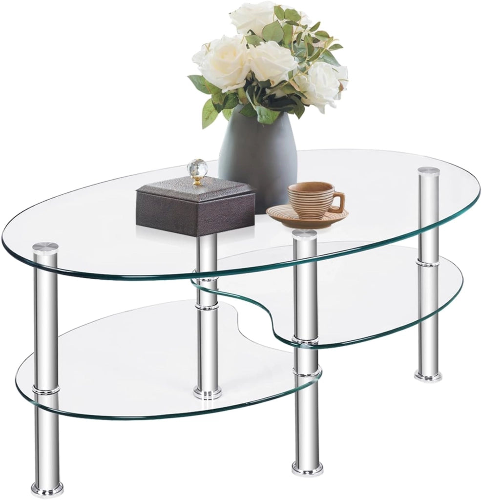 Tavolino da Salotto in Vetro Temperato Moderno, Tavolo Basso e Ovale con Piano Spazioso e 3 Livelli, Ideale per Soggiorno e Ufficio, 89 x 49 x 45 cm (Trasparente)