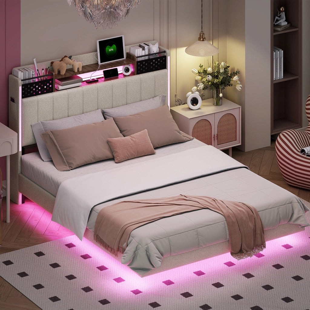 Letto Matrimoniale 140x200 cm; con USB; LED; testiera con vani; Beige