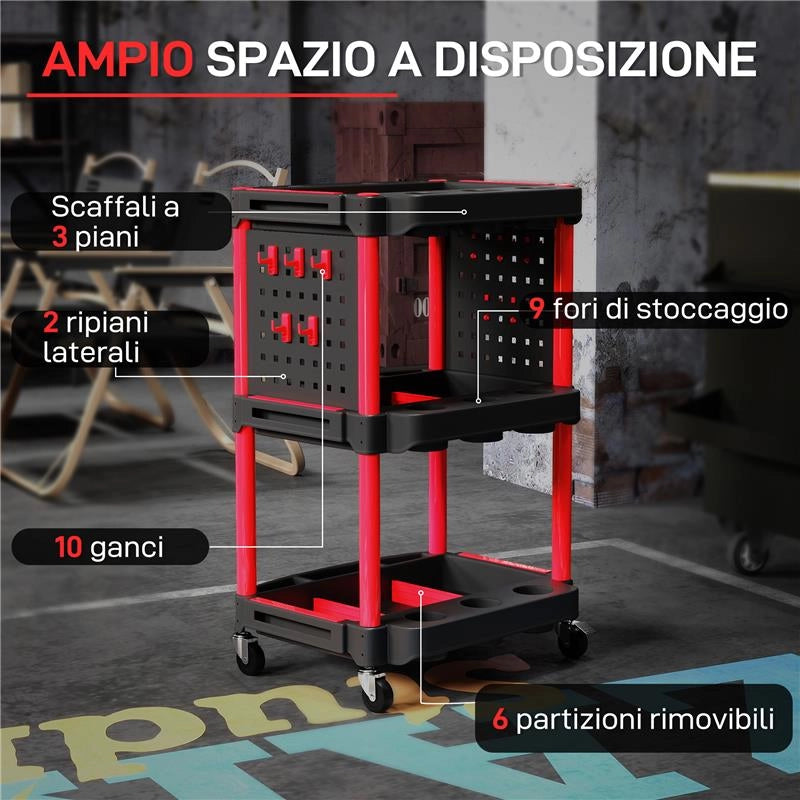 CARRELLO PORTA ATTREZZI A 3 LIVELLI IN PLASTICA CON PANNELLO FORATO LATERALE, NERO E ROSSO