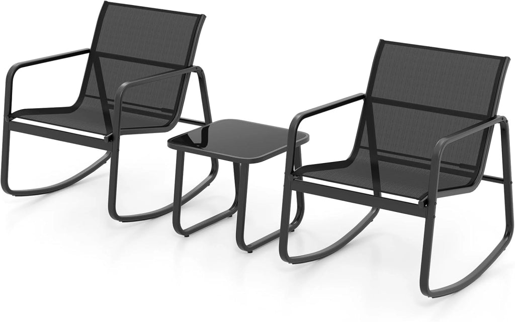 Set da Bistrò in Tessuto Textilene, Set da Giardino in 3 Pezzi, Tavolo Portato 50 kg, 2 Sedie a Dondolo Portate 150 kg, Set Tavolo e Sedie da Esterno, Nero (Nero)