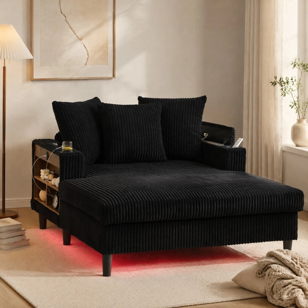 CHAISE LONGUE 129x170x70 cm in corduroy nero con LED e USB