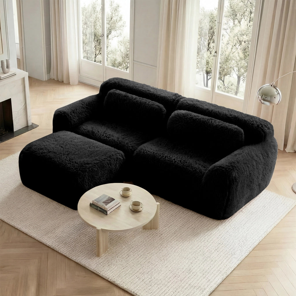 OKWISH Divano Angolare 2 Posti Modulare, Forma Avvolgente con Ottomana Collegabile e Cuscini, Peluche, Nero