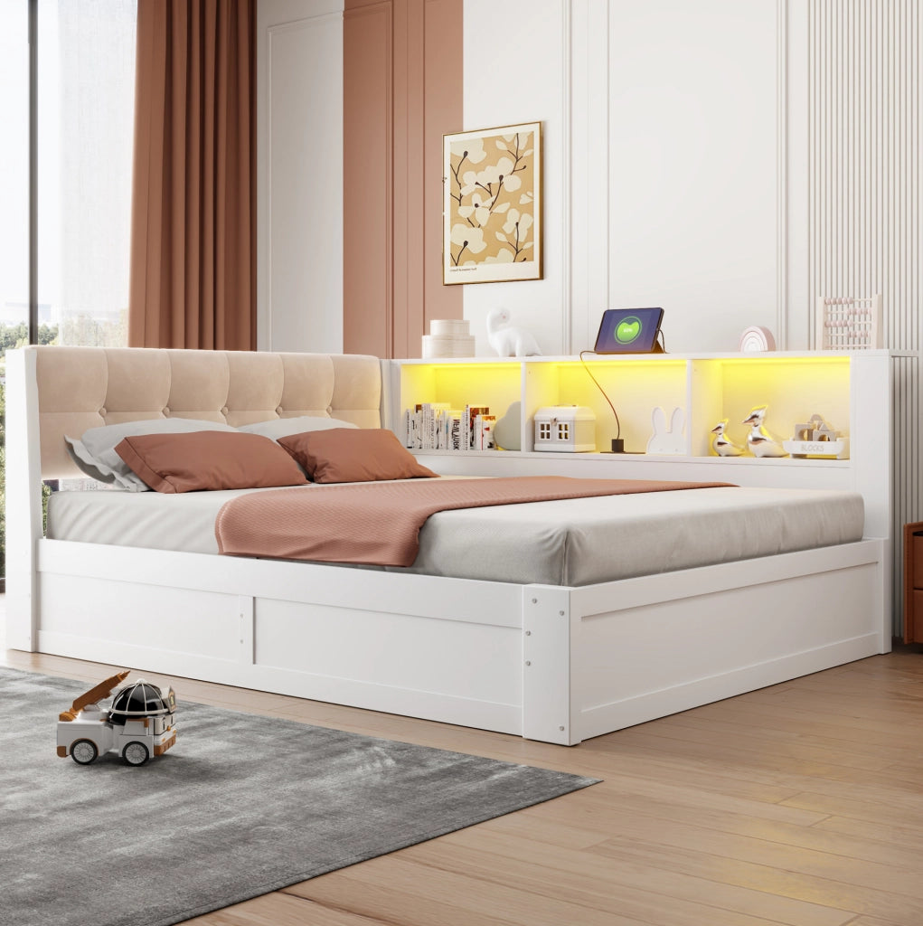 Letto singolo 140x200 cm con contenitore laterale; LED; USB e mensola; bianco