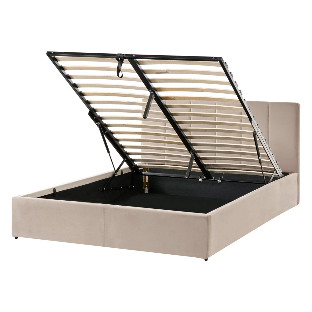 Letto matrimoniale contenitore Rivestimento in velluto beige 140 x 200 cm con testiera a doghe