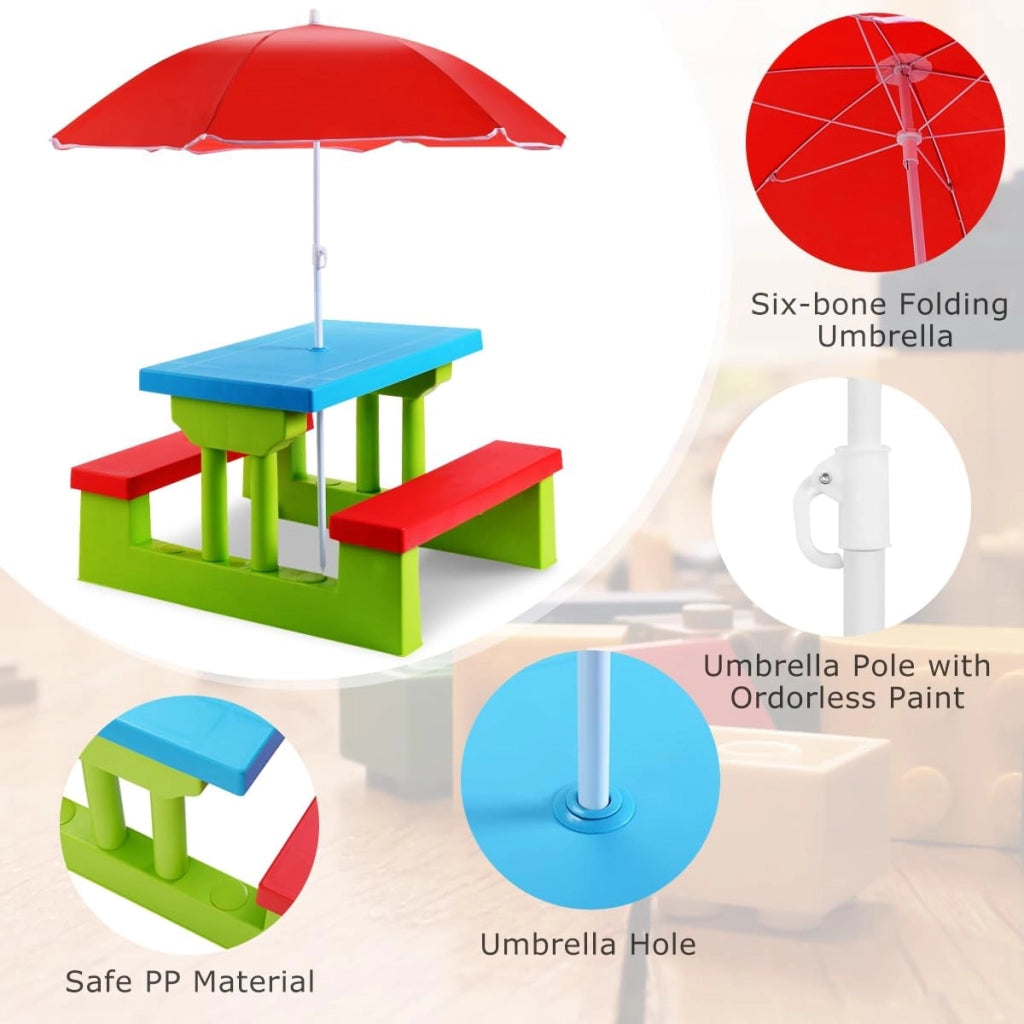 Set di Sedie per Bambini con Ombrellone, Mobili per Bambini con 1 Tavolo e 2 Panche, Set di Sedute per Bambini in PP, Set da Picnic per Parco Giardino Campeggio, Blu+Rosso+Verde