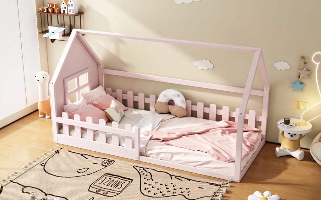 Letto per bambini 90x200cm in pino e MDF, design a casetta rosa