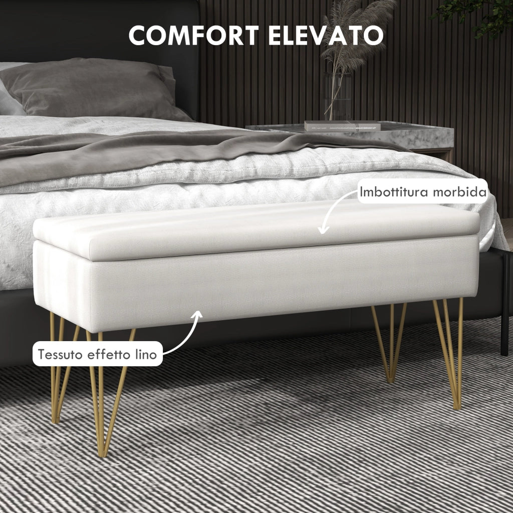 EasyComfort Panca Fondo Letto con Contenitore in Tessuto e Gambe in Acciaio, 100x40x49cm, Crema
