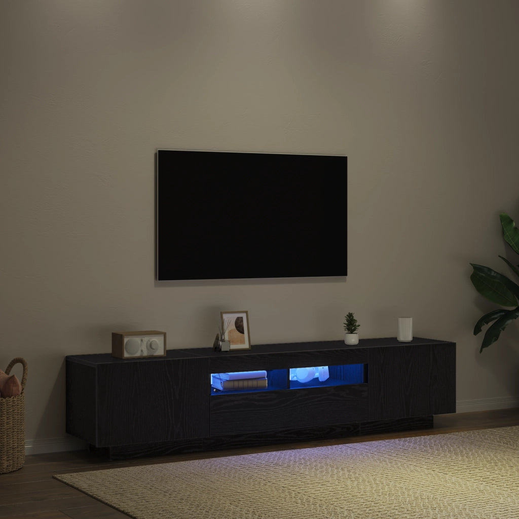 Mobile TV  con luci LED, Nero Rovere, 180x35x40 cm, in legno ingegnerizzato