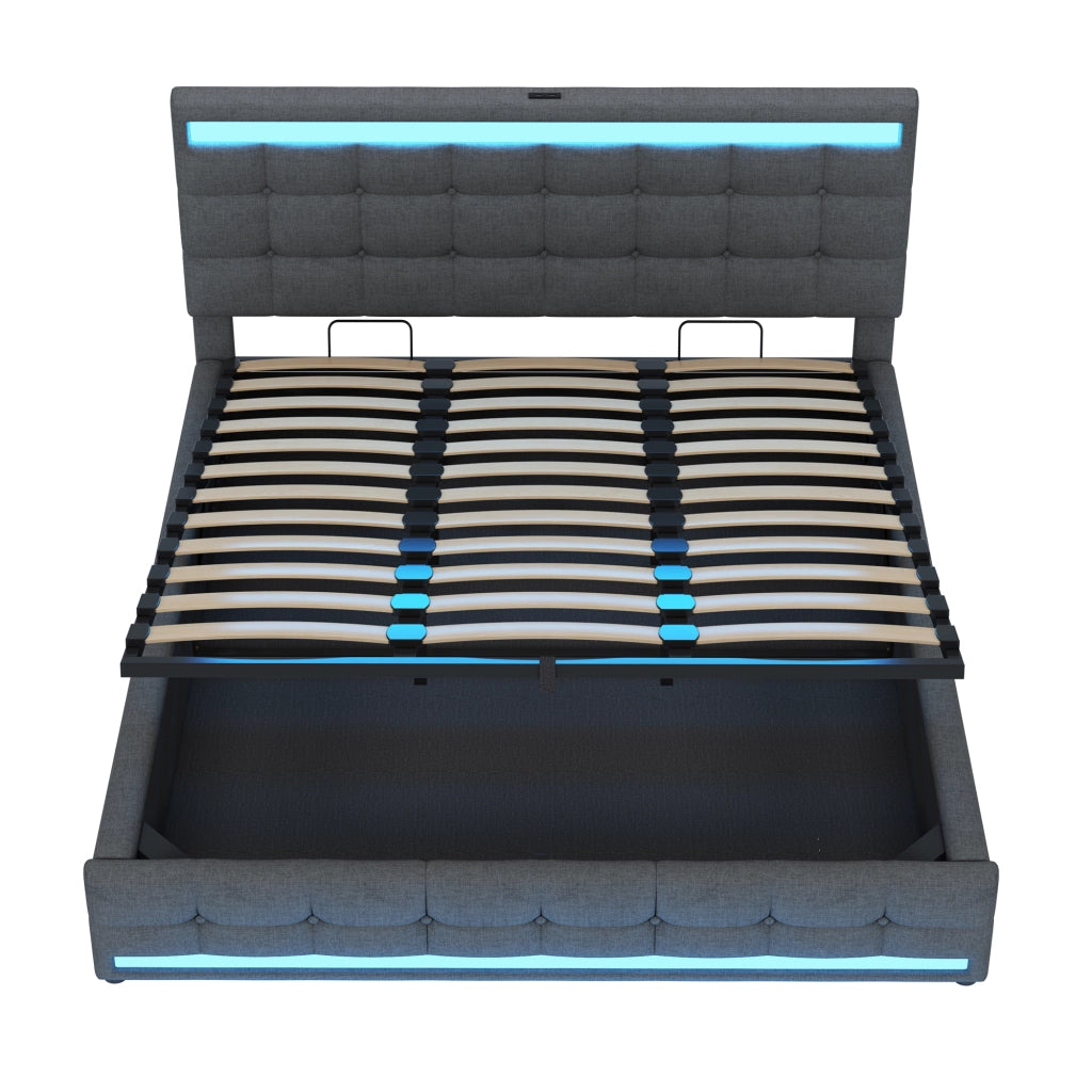 OKWISH Letto Contenitore 180×200 cm, Letto Matrimoniale con LED RGB Regolabile, USB e Testiera Regolabile, senza Materasso, Grigio