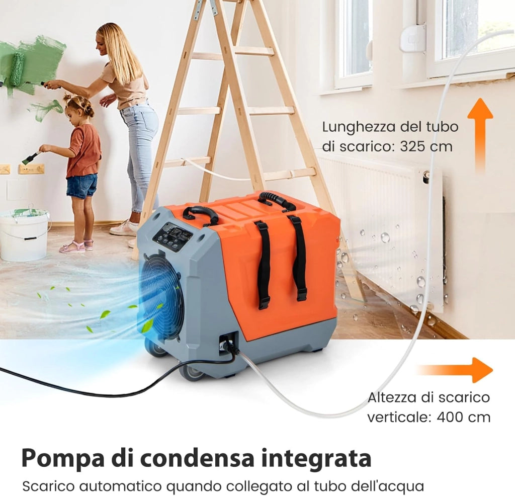 Deumidificatore Commerciale 85 L/Giorno, Deumidificatore con Pompa e Tubo di Scarico, Sbrinamento Automatico, 2 Ruote e Maniglia Pieghevole, Timer 24H, per Cantina Magazzino (Arancione)