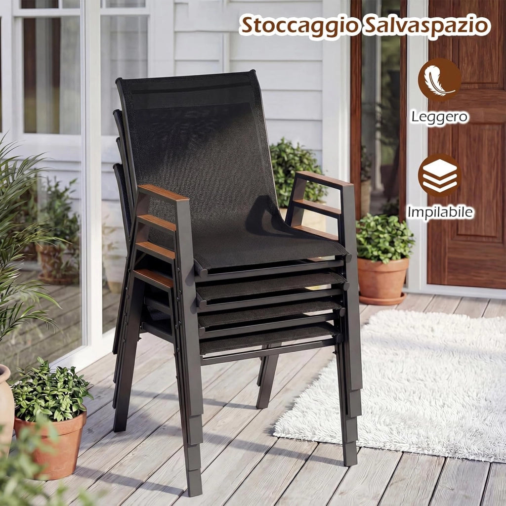 Set di 2/4/8 Sedie da Giardino, Poltrone in Tessuto Textilene per Esterno, Sedie Impilabili con Gambe in Metallo, Portata 180 kg, 56 x 66 x 88 cm (Nero,8)