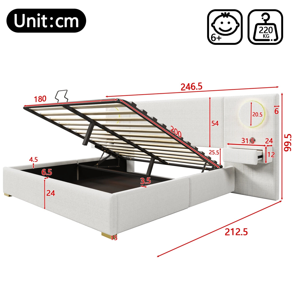 Letto Contenitore 180x200 cm Letto Matrimoniale; USB; LED e contenitore in Velluto Beige