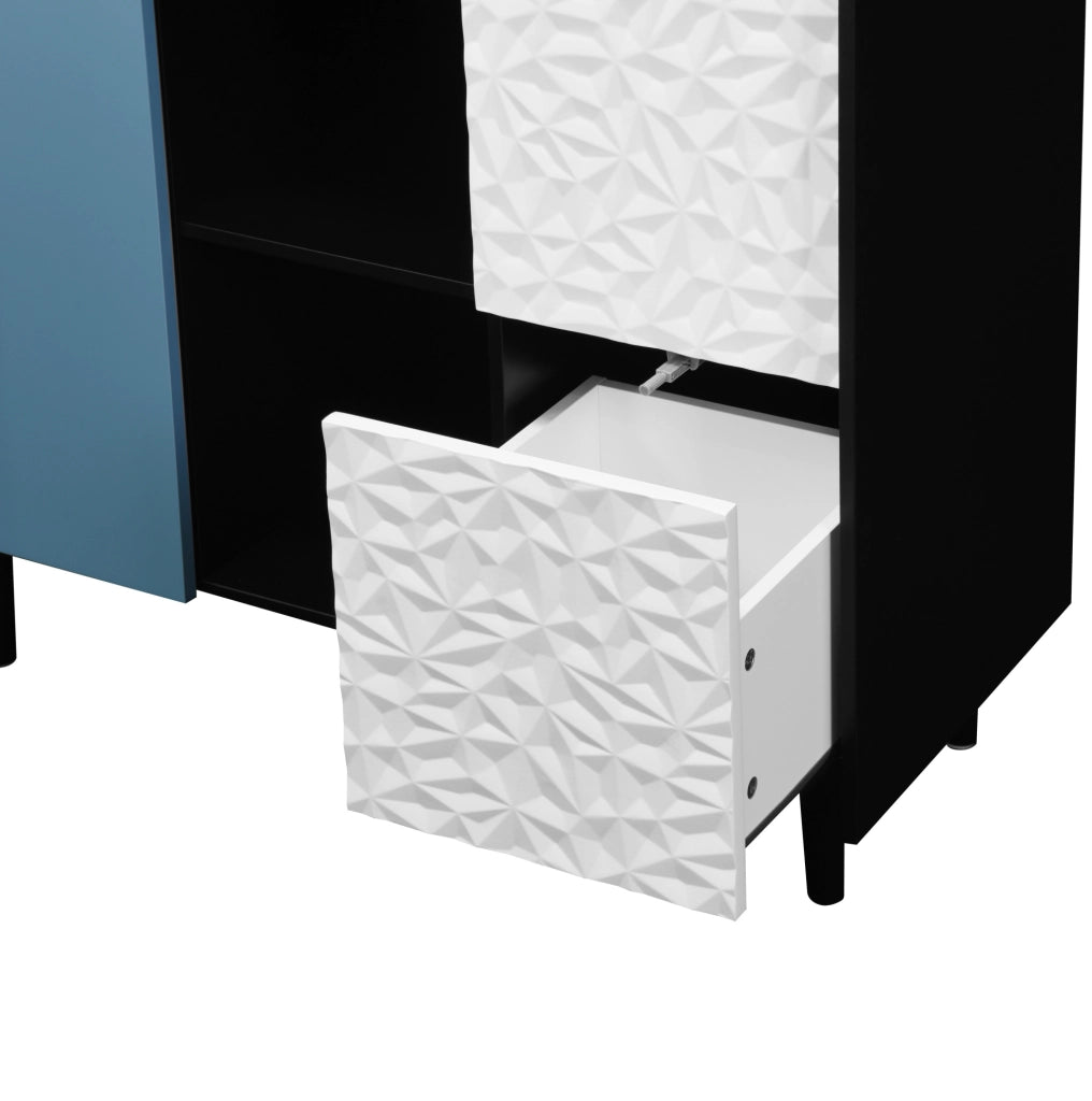 Credenza nera e blu in MDF; 2 cassetti; vano a giorno e vano chiuso; 90 L x 40 P x 80 H cm