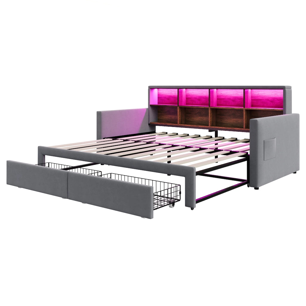 DESMIU Divano letto 90 × 190 cm 2 posti con vani nel testiera, LED, USB, Type-C, senza materasso, grigio