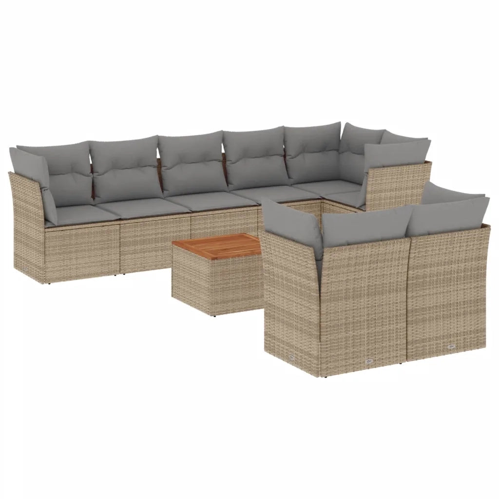 Set Divano da Giardino 9 pz con Cuscini Beige Misto Polyrattan