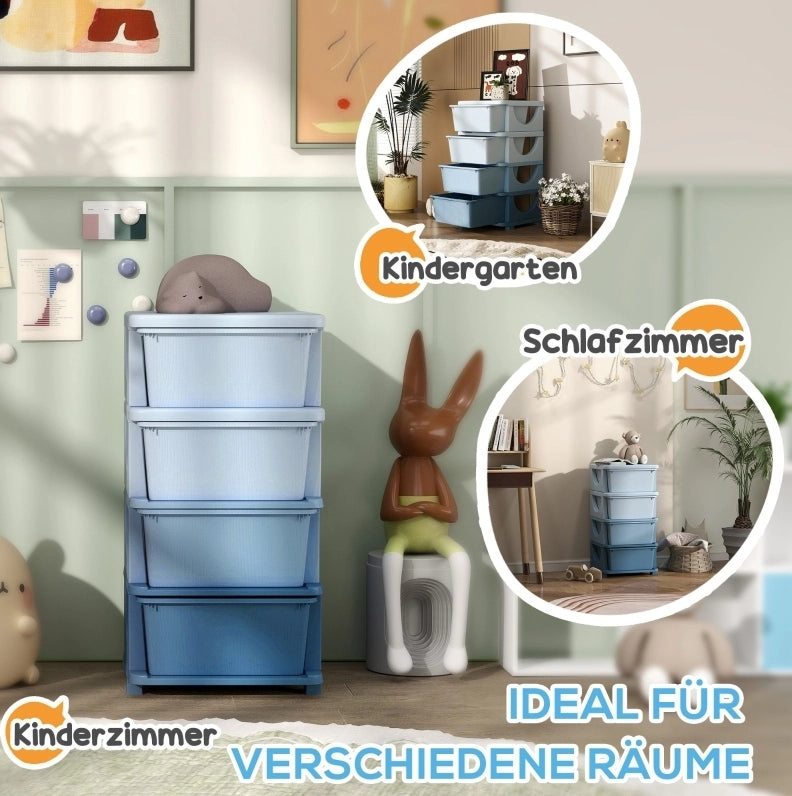 Mobile contenitore ULEVR per bambini 37x37x76 cm con 4 cassetti estraibili e seduta, plastica blu