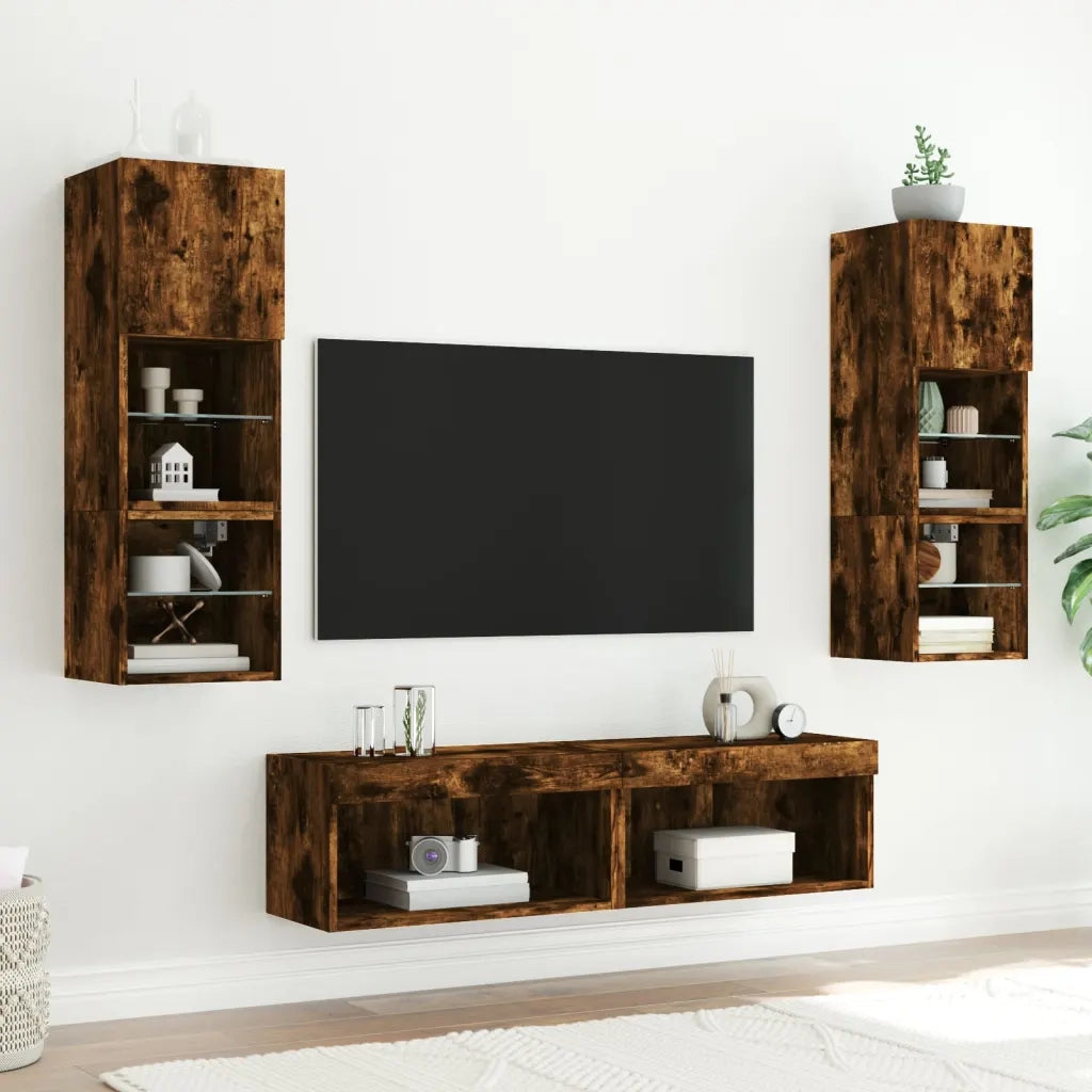 Mobili TV a Muro con LED 6pz Rovere Fumo in Legno Multistrato 3216619
