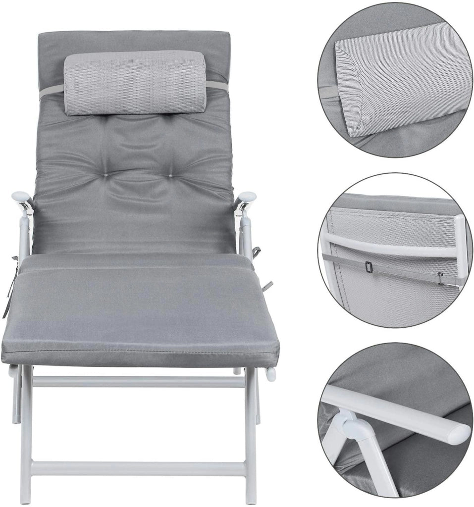 Lettino prendisole con materasso spesso 6 cm poggiatesta removibile in alluminio traspirante e antiruggine reclinabile portata max 150 kg grigio 12_0000203