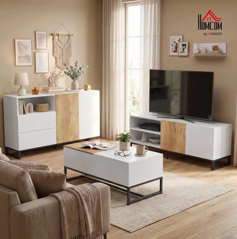 Mobile TV moderno 140 cm bianco e rovere con ripiani regolabili